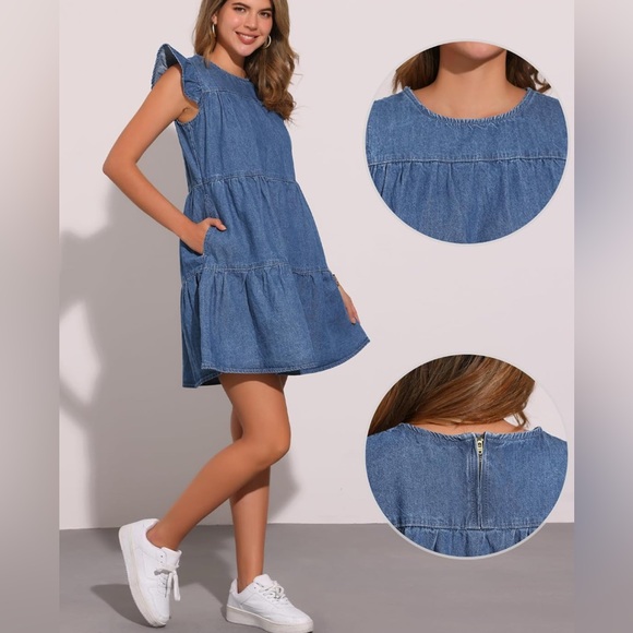 Allegra K Denim cap sleeve tiered mini Dress Sz M. Has pockets. NWT - Picture 8 of 10
